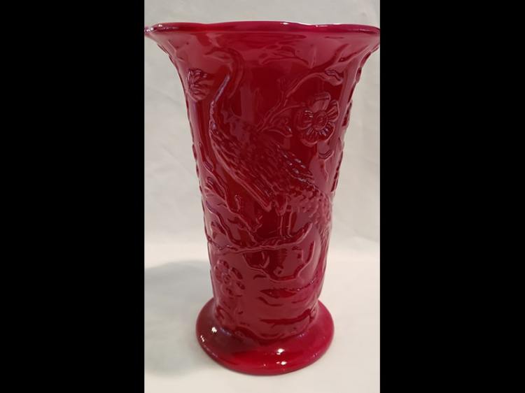 Fenton Art Glass Mandarin Red Peacock Vase 1936